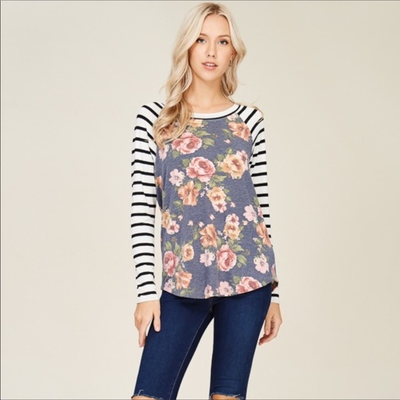 NWT Papermoon Lorina Floral Striped Raglan Top - Picture 2 of 5